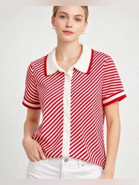 BIS Red White Striped Button Down Blouse Knit Collar Short Sleeve Retro Chic M/L